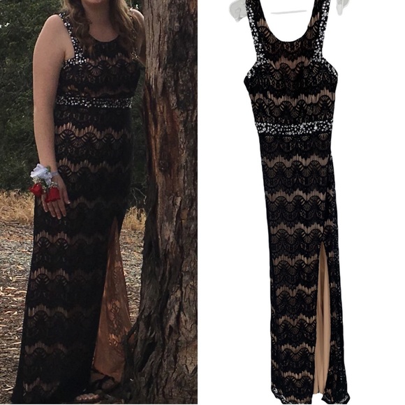 CITY TRIANGLES BLACK LACE EMBELLISHED FRONT SIDE SLIT LONG MAXI PROM DRESS 9 - Picture 1 of 7